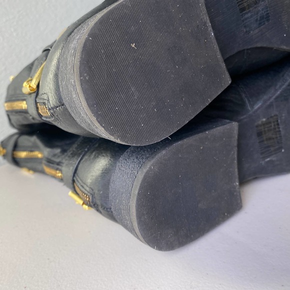 Steve Madden Enngage Black Leather Mid Calf Boots Moto Style Gold Women's Size 8 - Picture 14 of 16